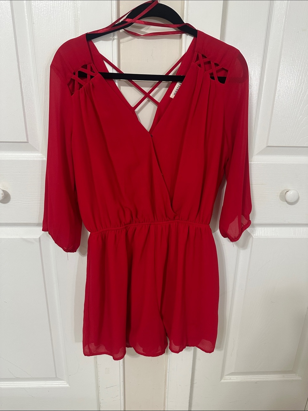 Monteau Red V-Neck Romper with Crisscross Back Straps